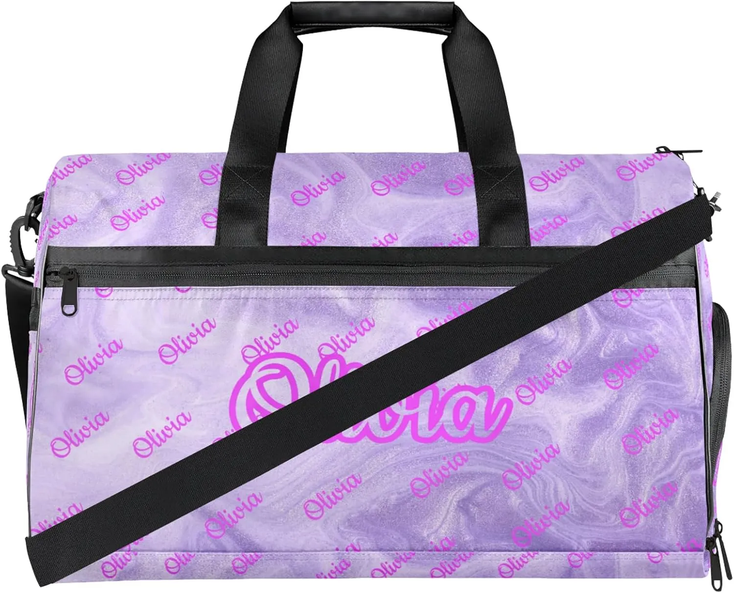 Custom Sport Duffel Bags with Shoe Compartment Personalized Name Travel Overnight Bag Waterproof Dance Bag Lightweight Carry-On Tote for Women Men, Purple Fluid Glitter