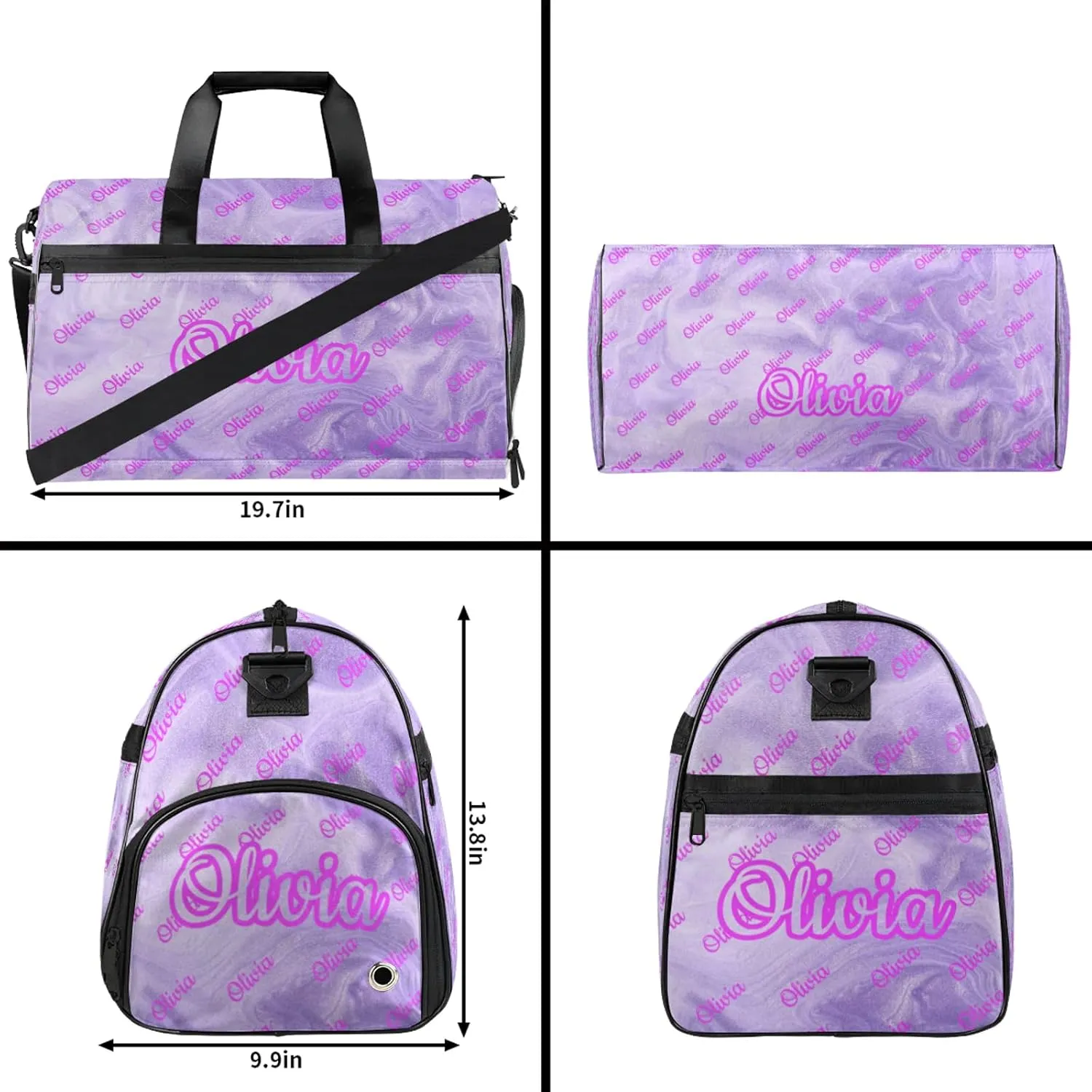 Custom Sport Duffel Bags with Shoe Compartment Personalized Name Travel Overnight Bag Waterproof Dance Bag Lightweight Carry-On Tote for Women Men, Purple Fluid Glitter