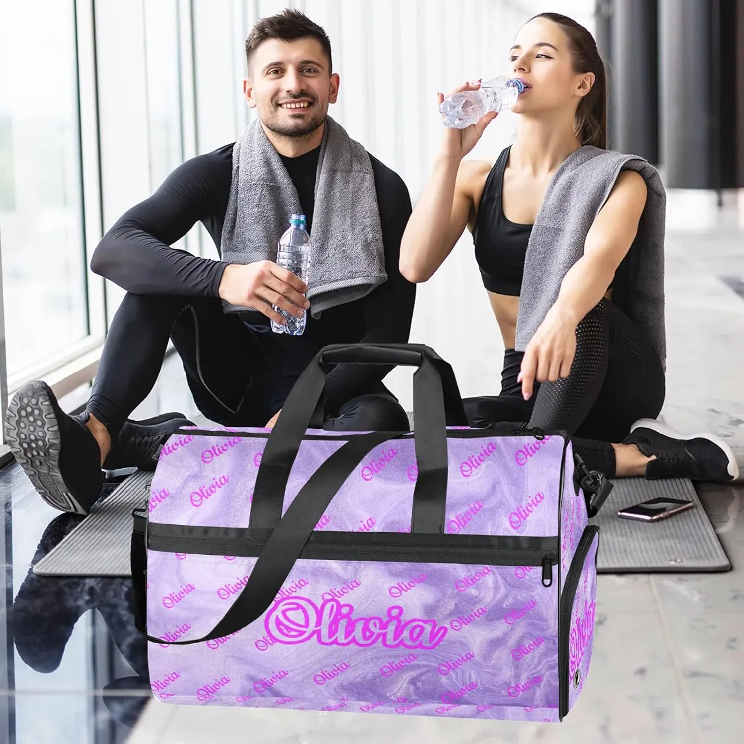 Custom Sport Duffel Bags with Shoe Compartment Personalized Name Travel Overnight Bag Waterproof Dance Bag Lightweight Carry-On Tote for Women Men, Purple Fluid Glitter