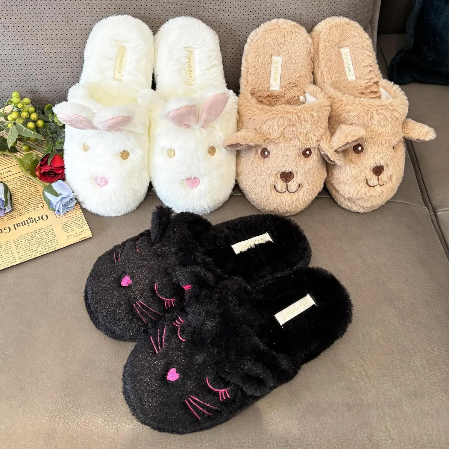 Cute Animal Slipper for women Cozy Memory Foam House Slippers Plush Fleece Lining Soft Comfy Non-Slip Sole Indoor Cat Dog Bunny Slippers