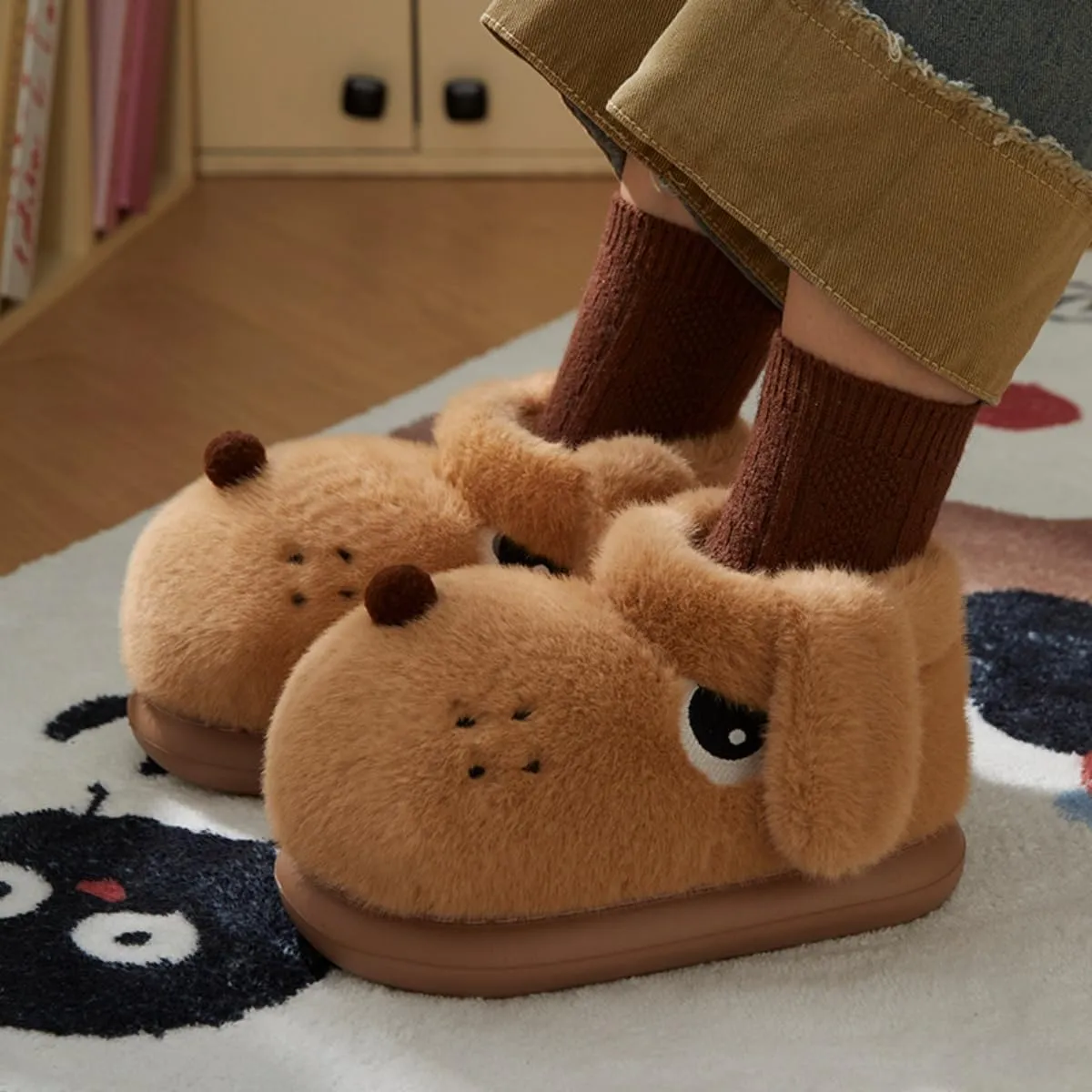 Cute Dog Slippers for Women and Men, Animal Fluffy Slippers, Womens Mens Fuzzy Slippers, Plush Warm Cozy House Slippers