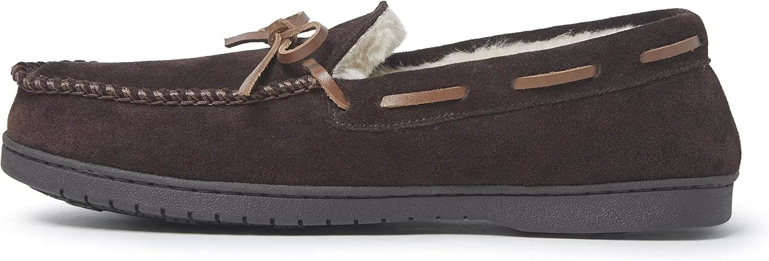 Dearfoams Men's Hudson Genuine Suede Memory Foam Moccasin Slipper with Tie