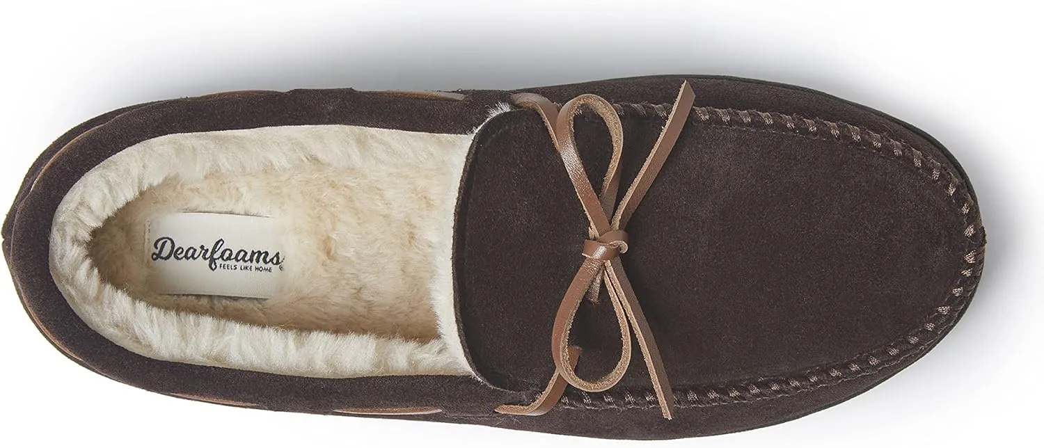 Dearfoams Men's Hudson Genuine Suede Memory Foam Moccasin Slipper with Tie