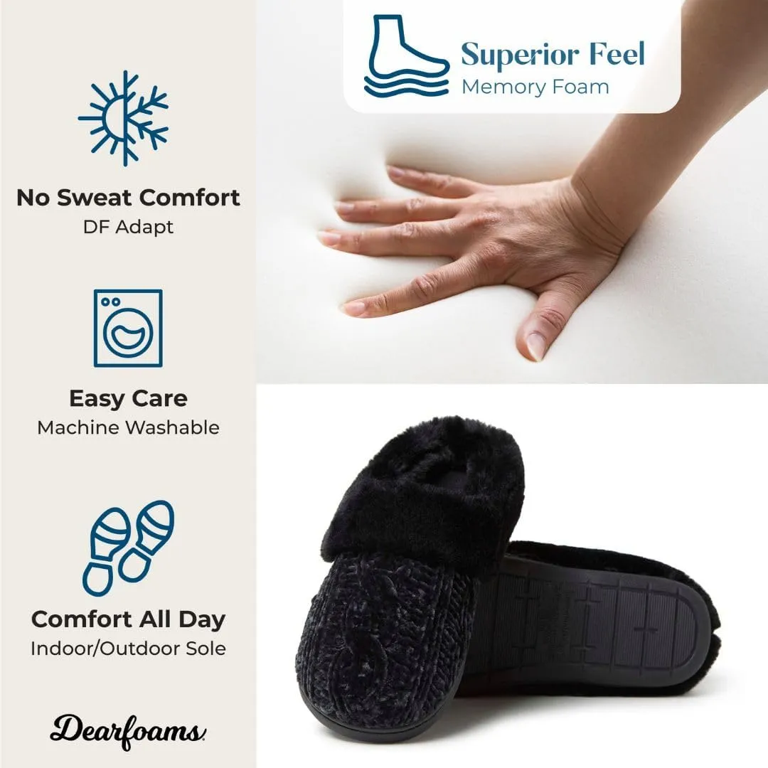 Dearfoams Women's Fuzzy Memory Foam Cable Knit Claire Clog House Slipper with Wide Widths