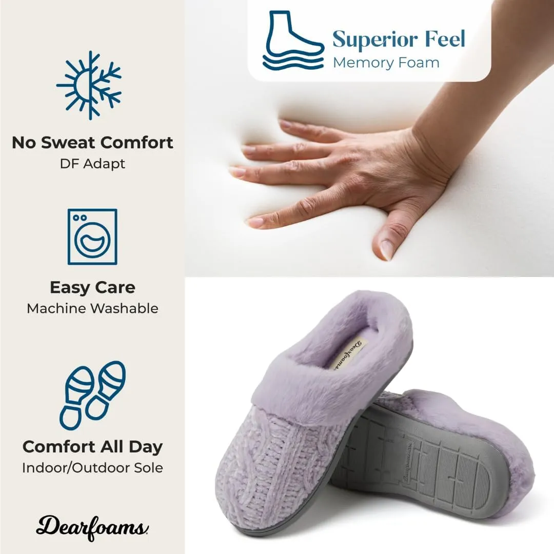 Dearfoams Women's Fuzzy Memory Foam Cable Knit Claire Clog House Slipper with Wide Widths
