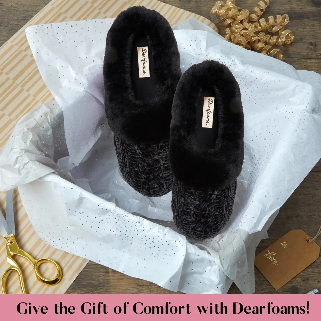 Dearfoams Women's Fuzzy Memory Foam Cable Knit Claire Clog House Slipper with Wide Widths