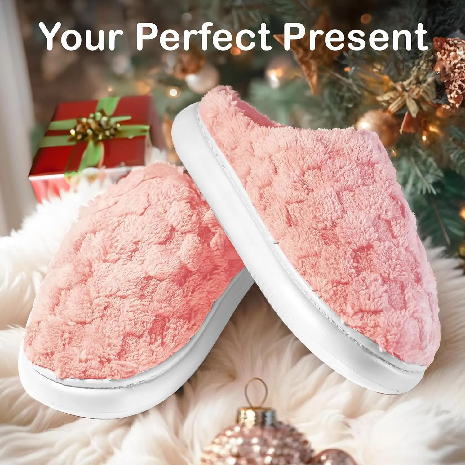 DIUS Fuzzy House Slippers for Women & Men, Memory Foam Slippers Indoor Outdoor Non Slip Rubber Sole Cozy Bedroom Shoes