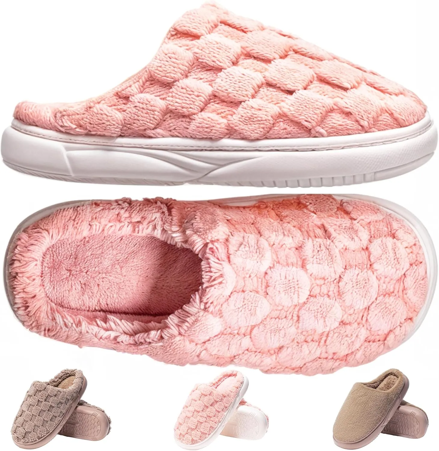 DIUS Fuzzy House Slippers for Women & Men, Memory Foam Slippers Indoor Outdoor Non Slip Rubber Sole Cozy Bedroom Shoes