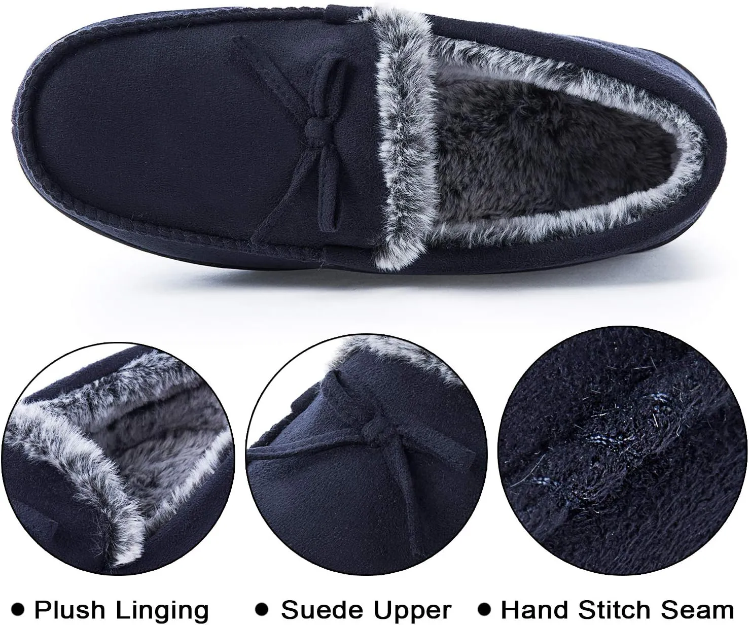 DL Men's Moccasin Slippers - Indoor & Outdoor, Suede Mens House Slippers with Memory Foam, Faux Fur Lining, Non Slip Outsole