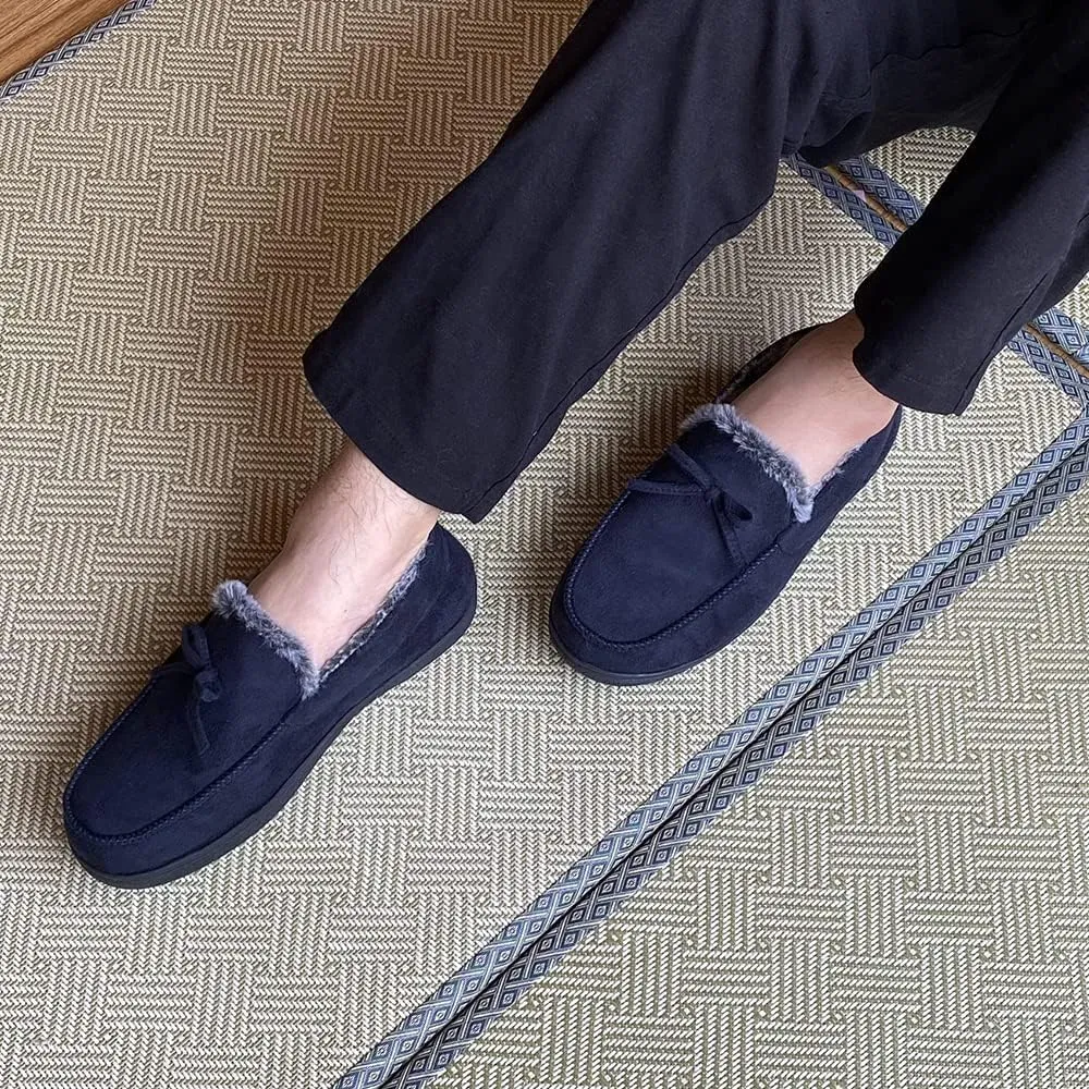 DL Men's Moccasin Slippers - Indoor & Outdoor, Suede Mens House Slippers with Memory Foam, Faux Fur Lining, Non Slip Outsole