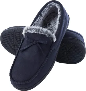 DL Men's Moccasin Slippers - Indoor & Outdoor, Suede Mens House Slippers with Memory Foam, Faux Fur Lining, Non Slip Outsole