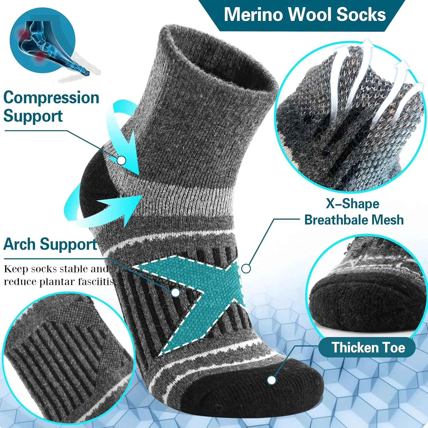 EBMORE 6 Pairs Merino Wool Ankle Hiking Running Socks Compression Support Thick Cushion No Show Socks for Men Women