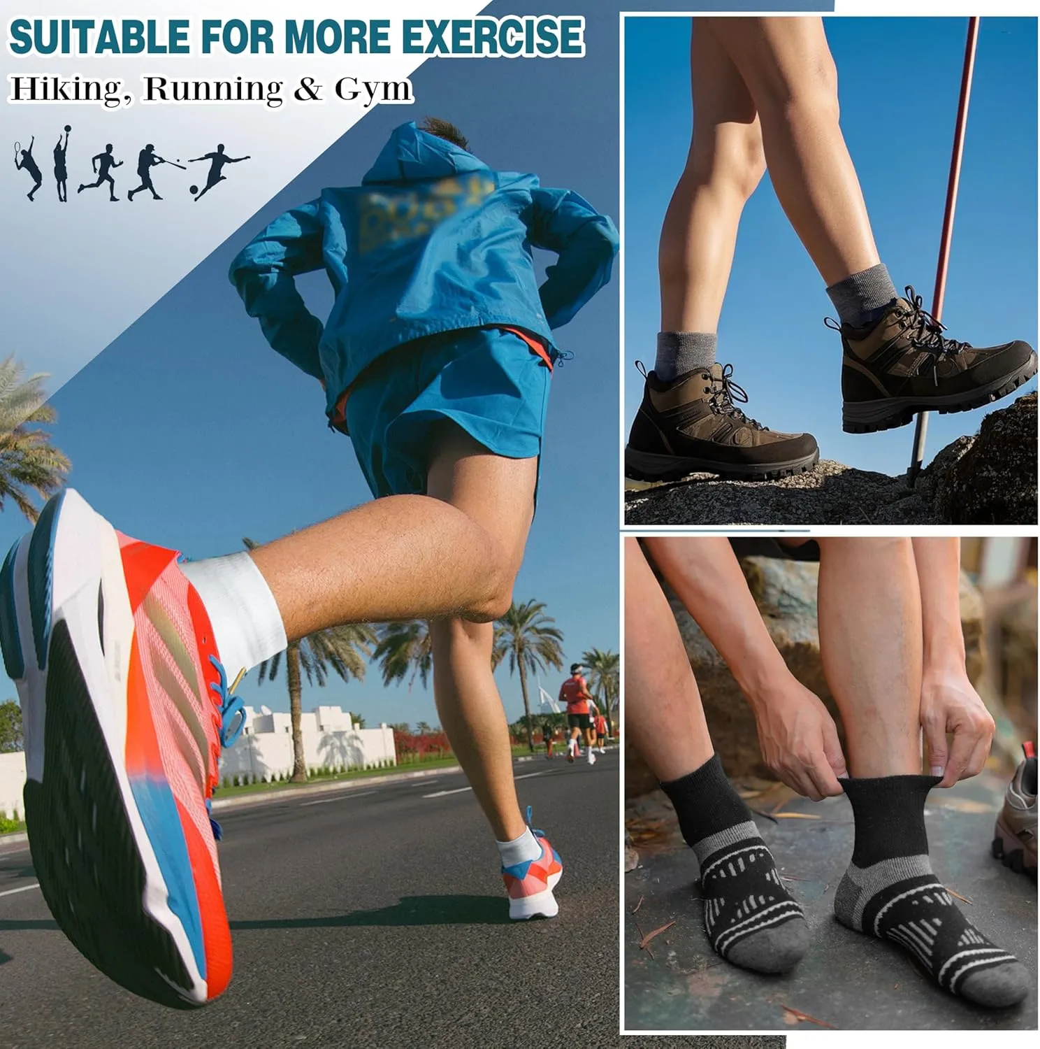 EBMORE 6 Pairs Merino Wool Ankle Hiking Running Socks Compression Support Thick Cushion No Show Socks for Men Women