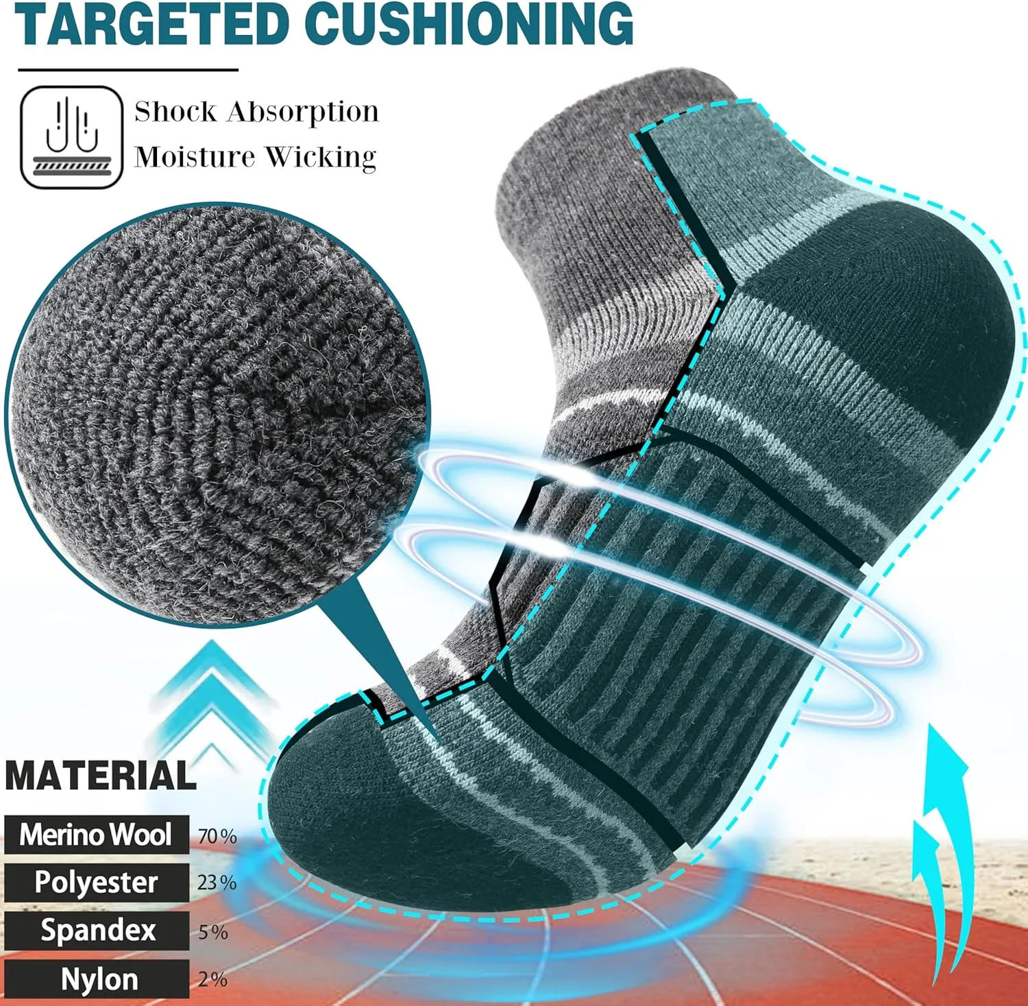 EBMORE 6 Pairs Merino Wool Ankle Hiking Running Socks Compression Support Thick Cushion No Show Socks for Men Women