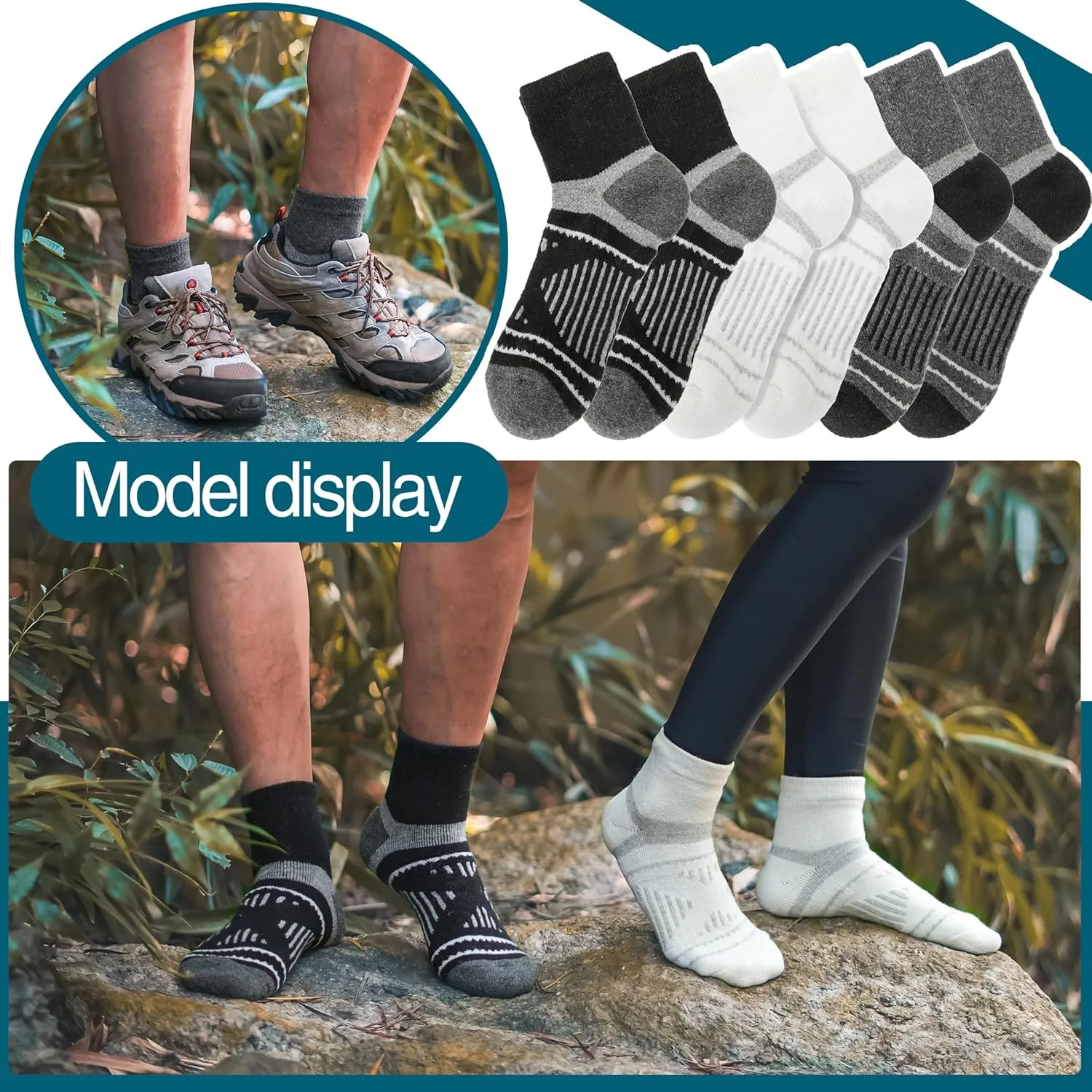 EBMORE 6 Pairs Merino Wool Ankle Hiking Running Socks Compression Support Thick Cushion No Show Socks for Men Women