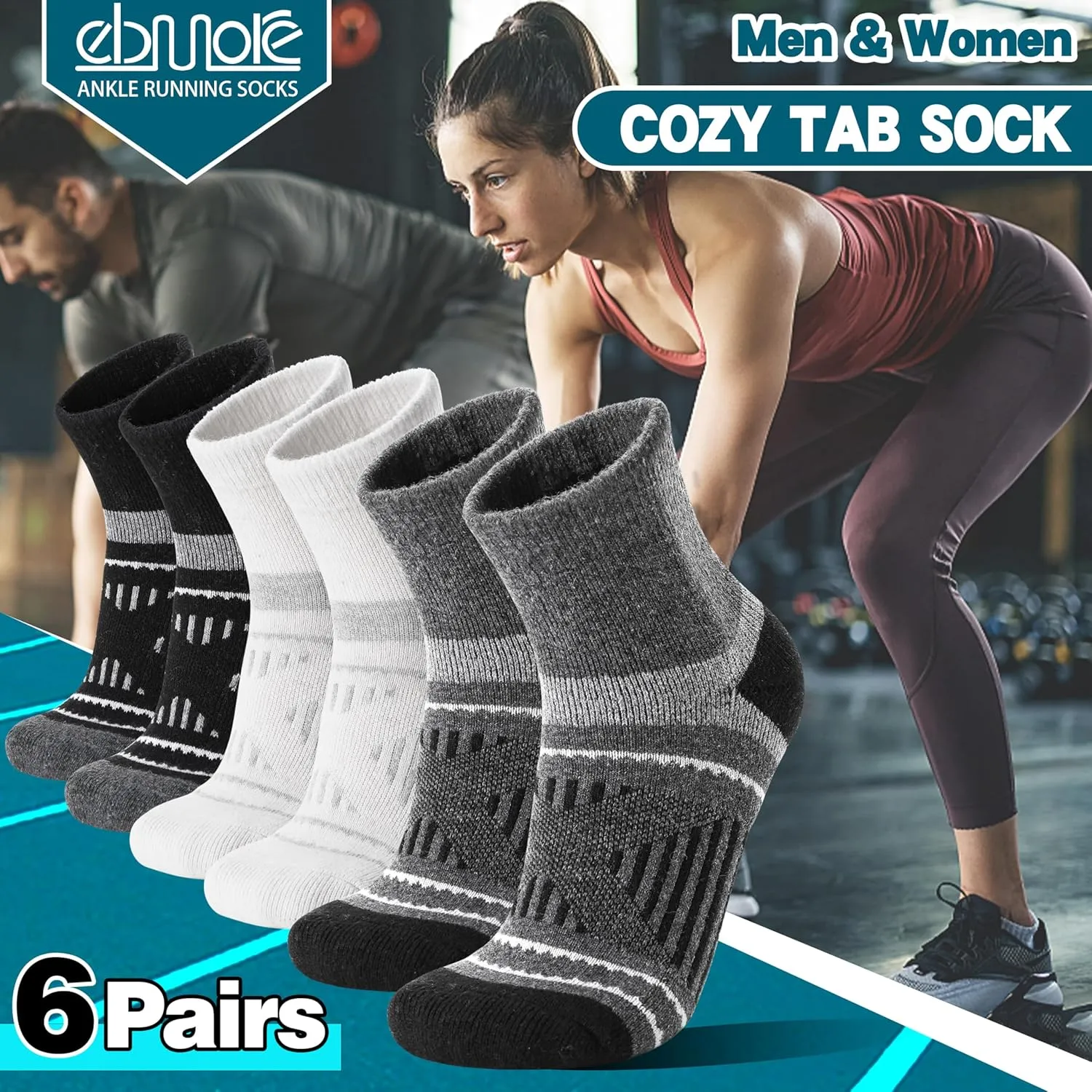 EBMORE 6 Pairs Merino Wool Ankle Hiking Running Socks Compression Support Thick Cushion No Show Socks for Men Women