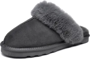 Emma Women's Winter Fur Slippers Genuine Suede Fluffy Faux Fur Memory Foam Cushion, Indoor and Outdoor