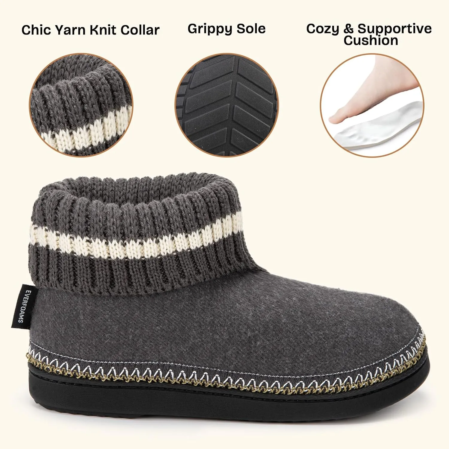 EverFoams Women's Bootie Slippers Non-slip Comfy Winter Indoor House Shoes with Knitted Collar