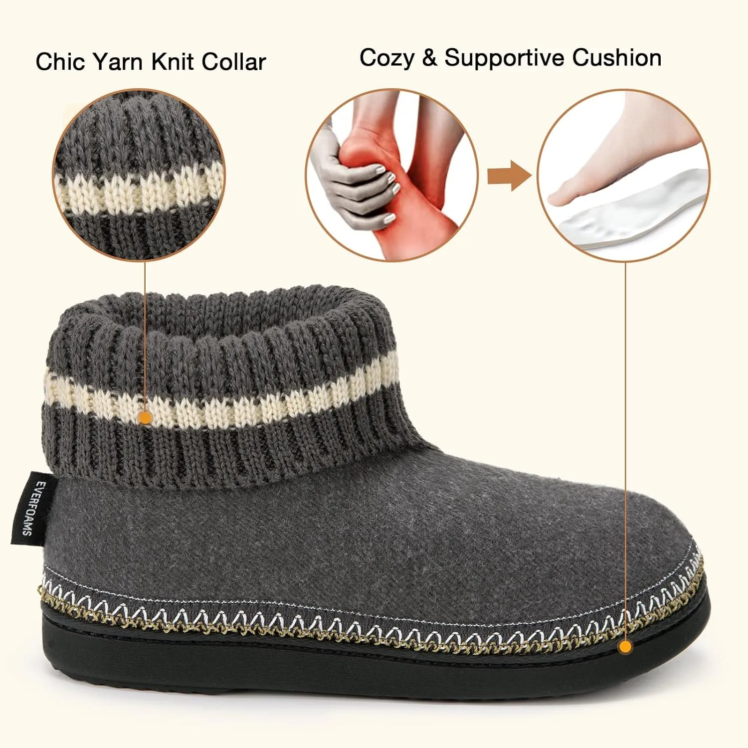 EverFoams Women's Bootie Slippers Non-slip Comfy Winter Indoor House Shoes with Knitted Collar