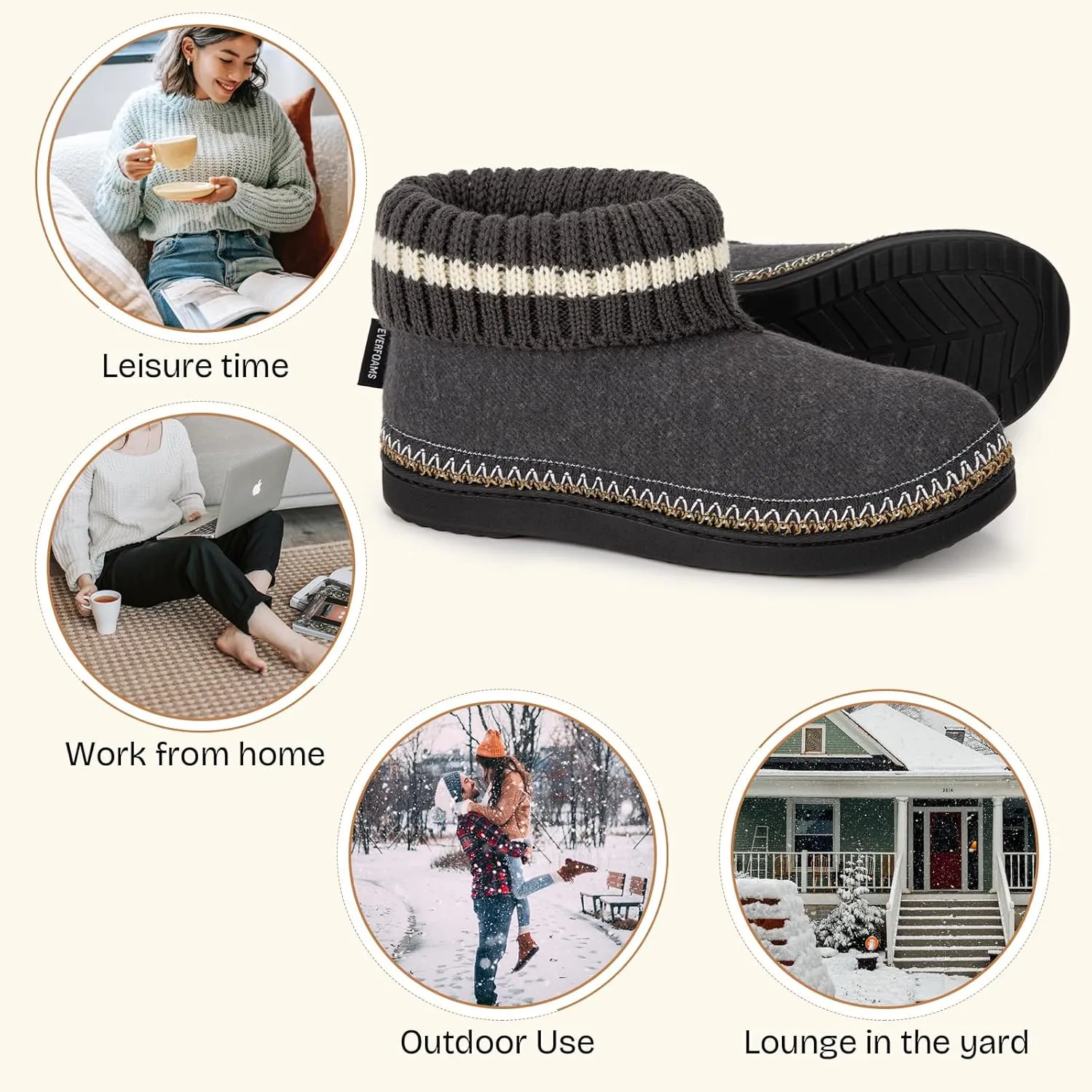EverFoams Women's Bootie Slippers Non-slip Comfy Winter Indoor House Shoes with Knitted Collar