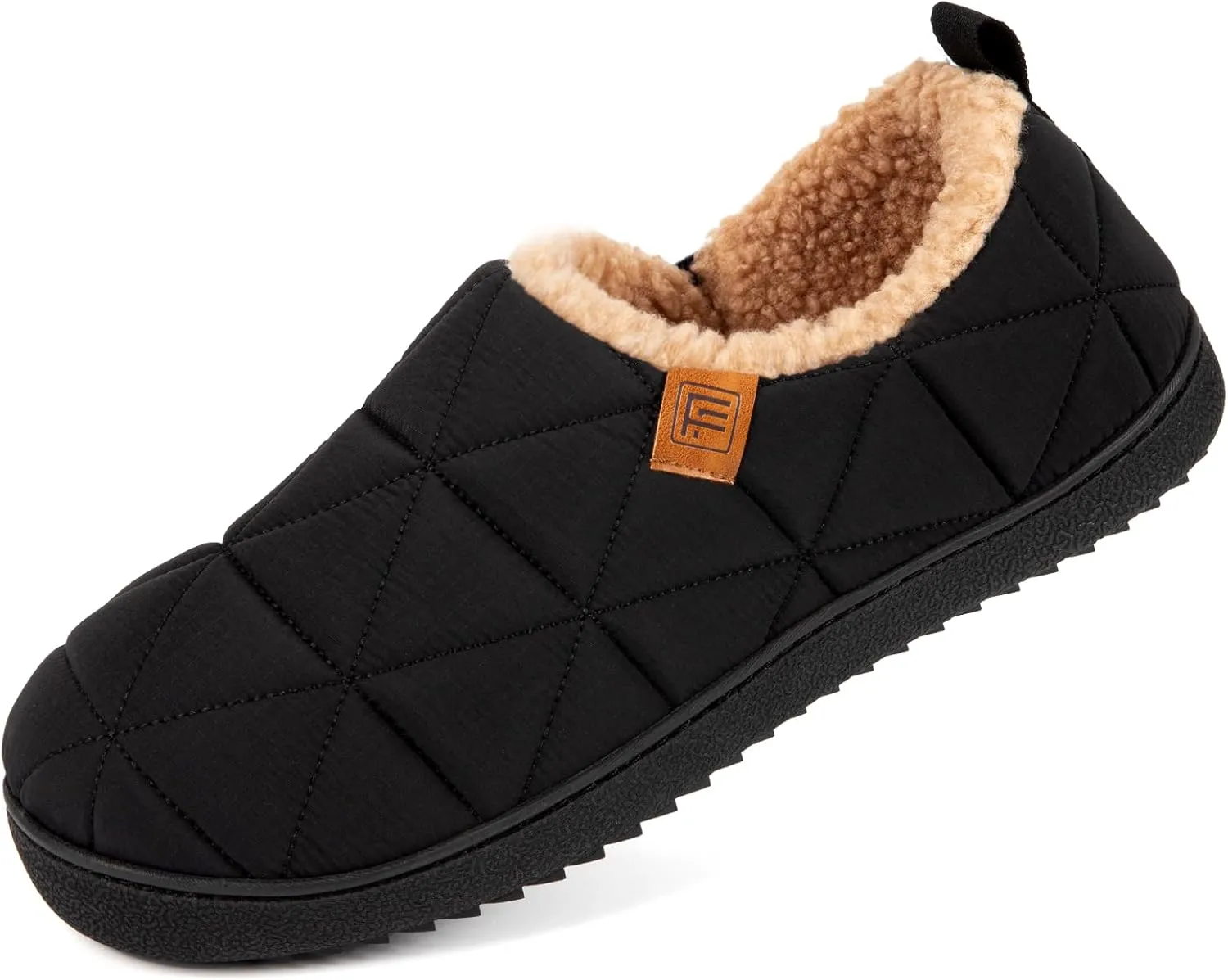 FamilyFairy Mens Warm Slippers Quilted Nylon Memory Foam House Shoes Indoor Outdoor with Non-Slip Sole