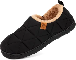 FamilyFairy Mens Warm Slippers Quilted Nylon Memory Foam House Shoes Indoor Outdoor with Non-Slip Sole