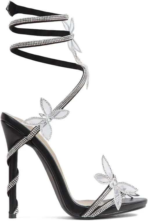 Fantasy Women's Diamante Butterfly Detail Wrap Around Strap Platform Stiletto Heel Sandal