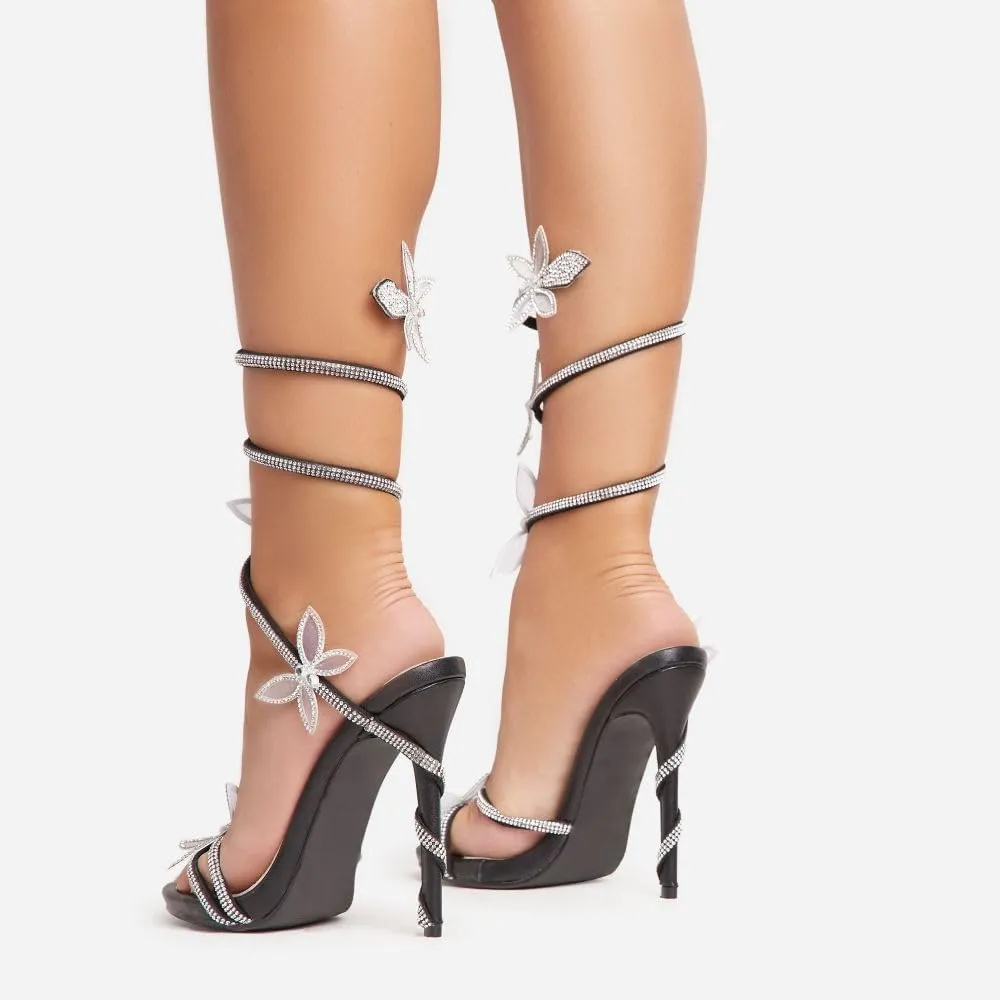 Fantasy Women's Diamante Butterfly Detail Wrap Around Strap Platform Stiletto Heel Sandal