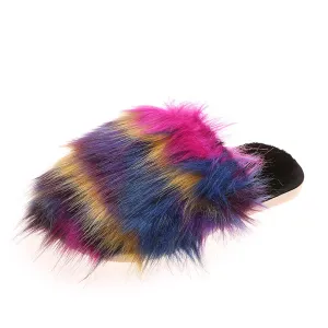 FE-02 Furry Faux Fur Slippers With Big Fluffy Vegan Fur And Rubber Sole For Women Closed-Toe Slides Outdoor Warm Footwear Women's Flat Shoes Colorful Rainbow Color Fuzzy Sandals (Custom Size, Purple)