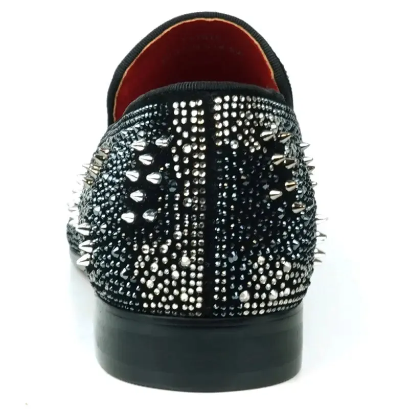 Fiesso FI-7516 Black Silver Suede Rhinestones Spikes Slip on Loafers