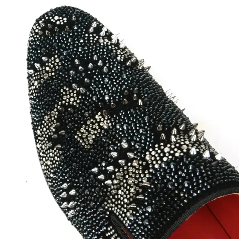 Fiesso FI-7516 Black Silver Suede Rhinestones Spikes Slip on Loafers