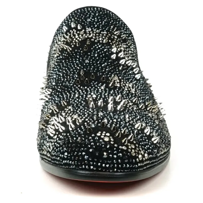 Fiesso FI-7516 Black Silver Suede Rhinestones Spikes Slip on Loafers