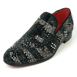 Fiesso FI-7516 Black Silver Suede Rhinestones Spikes Slip on Loafers