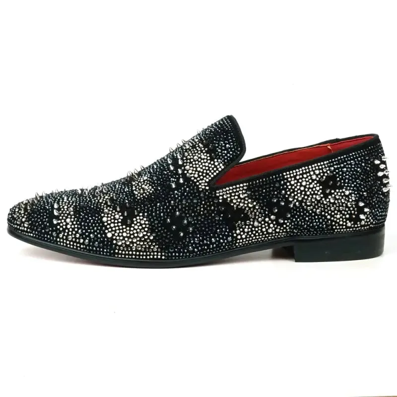 Fiesso FI-7516 Black Silver Suede Rhinestones Spikes Slip on Loafers