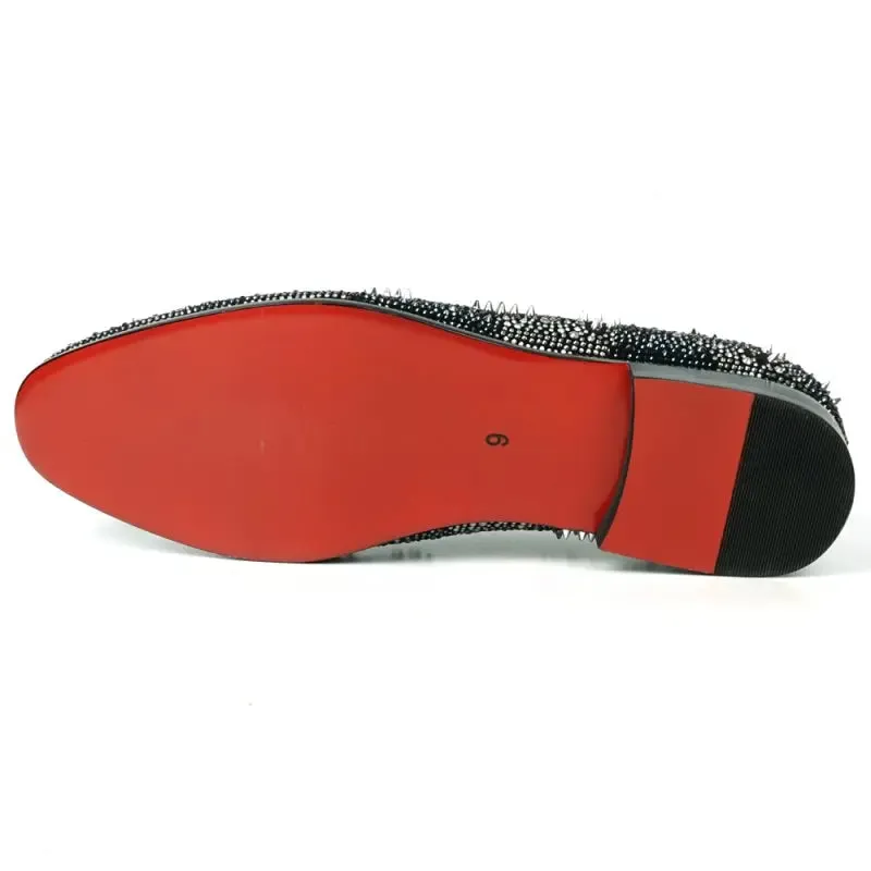 Fiesso FI-7516 Black Silver Suede Rhinestones Spikes Slip on Loafers