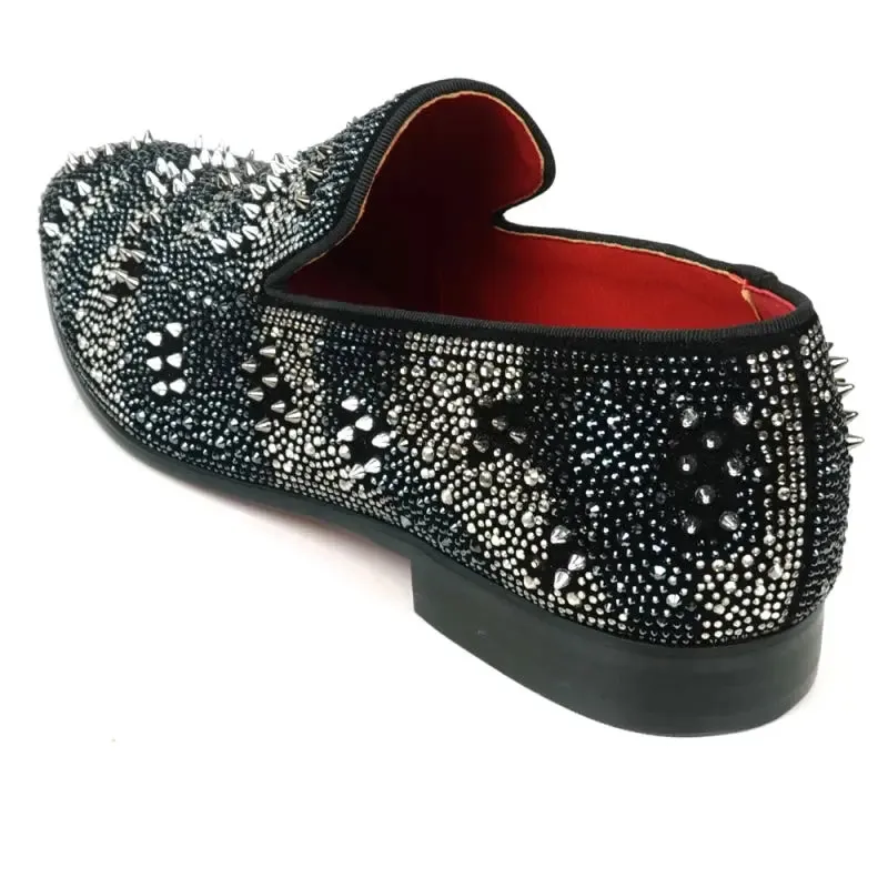 Fiesso FI-7516 Black Silver Suede Rhinestones Spikes Slip on Loafers