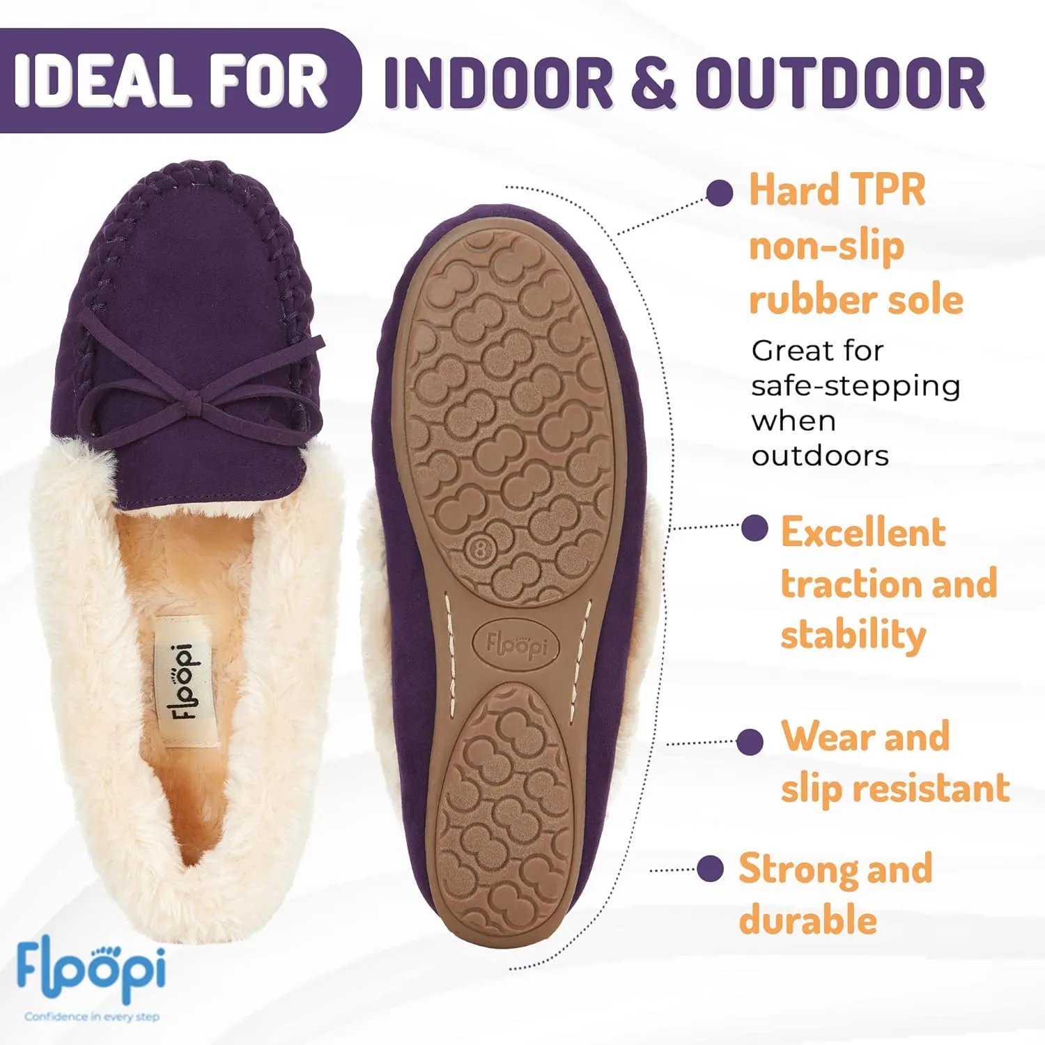 Floopi Women Slippers Moccasins, Soft Faux Fur Lining with Cozy Memory Foam, Ladies House Slippers for Women with Indoor & Outdoor Anti-Skid Sole