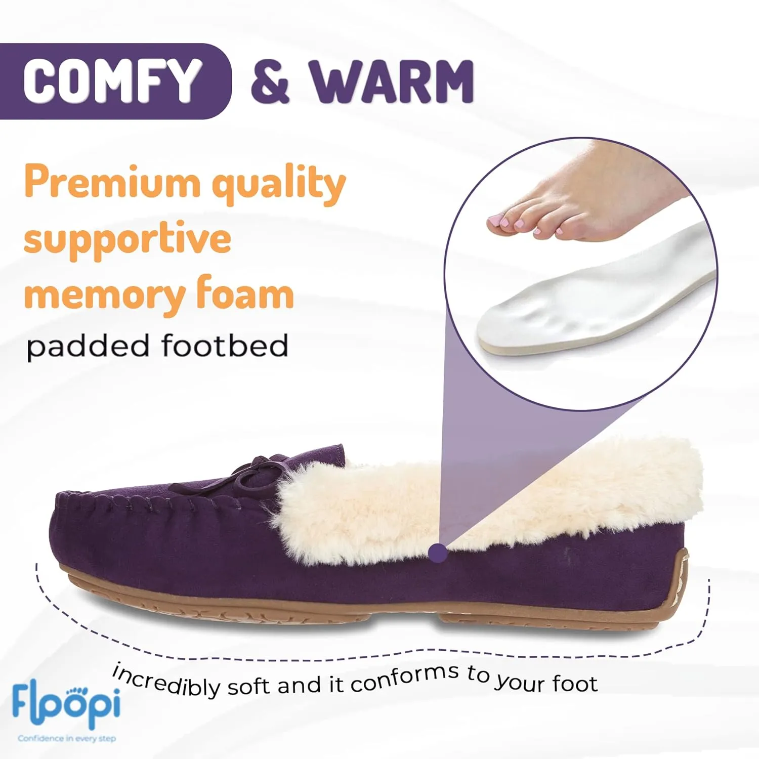 Floopi Women Slippers Moccasins, Soft Faux Fur Lining with Cozy Memory Foam, Ladies House Slippers for Women with Indoor & Outdoor Anti-Skid Sole