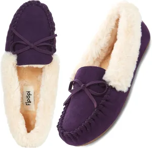 Floopi Women Slippers Moccasins, Soft Faux Fur Lining with Cozy Memory Foam, Ladies House Slippers for Women with Indoor & Outdoor Anti-Skid Sole