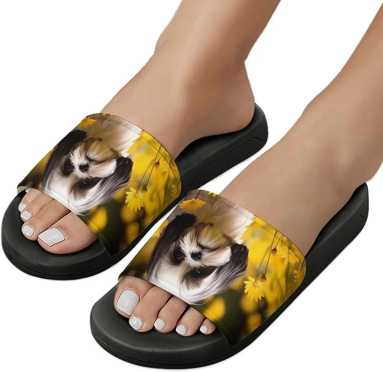 Flower Field Cute Shih Tzu Dog Open Toe Slippers for Women And Men Non Slip Shower Slippers Home Slippers