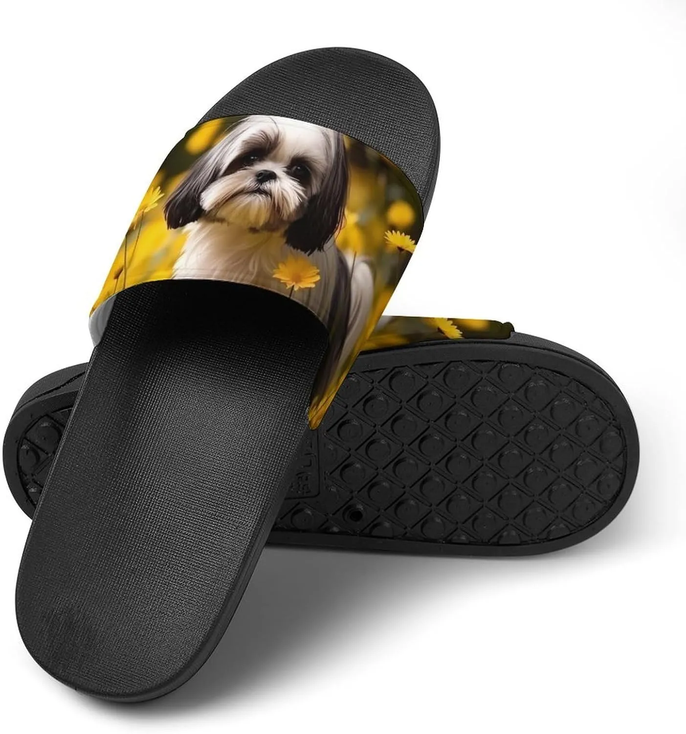 Flower Field Cute Shih Tzu Dog Open Toe Slippers for Women And Men Non Slip Shower Slippers Home Slippers