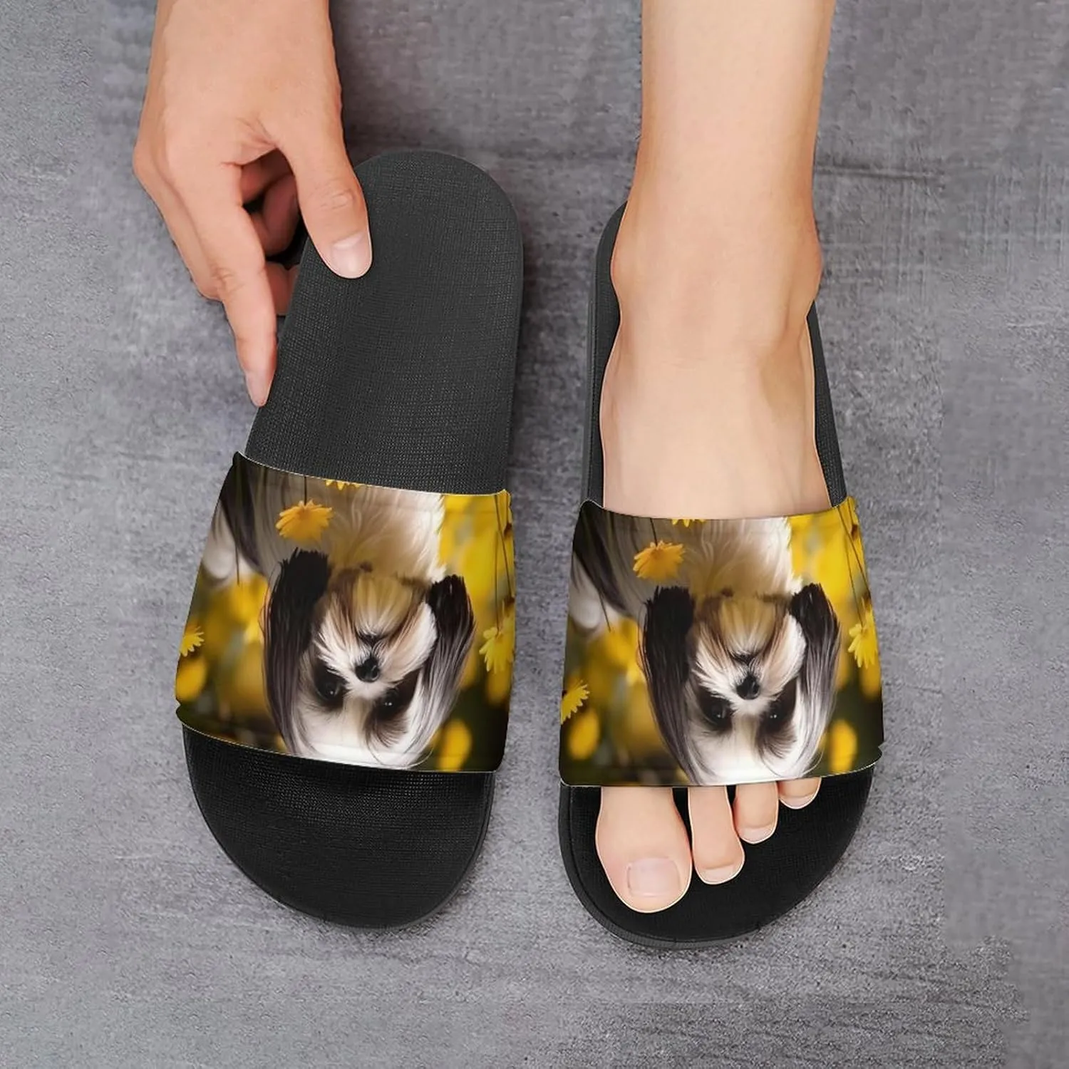 Flower Field Cute Shih Tzu Dog Open Toe Slippers for Women And Men Non Slip Shower Slippers Home Slippers