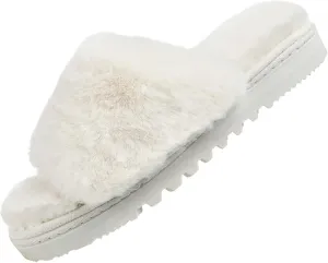 Fluffy Open Toe Slippers for Women Indoor Memory Foam, Comfy Fuzzy Womens Summer House Slippers Non-Slip, Soft Faux Fur Slip-on Woman Home Bedroom Slippers