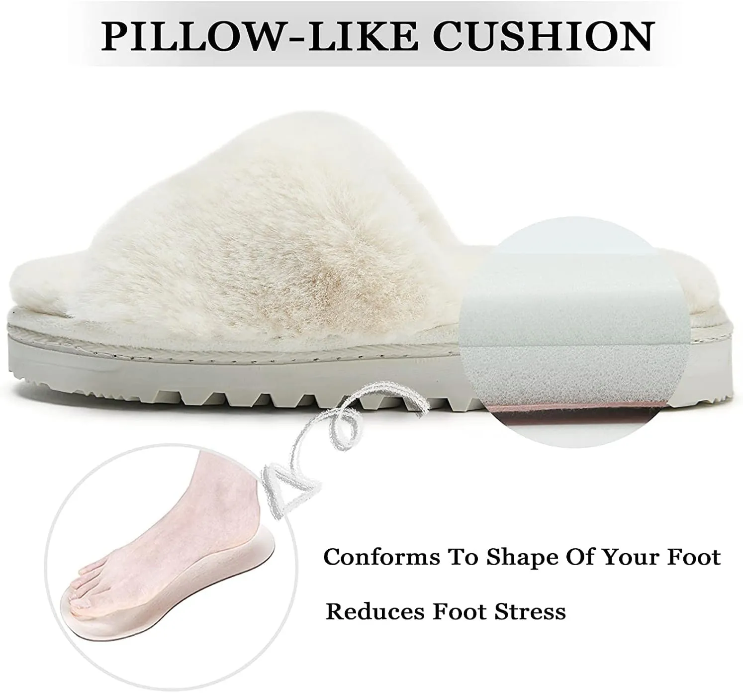 Fluffy Open Toe Slippers for Women Indoor Memory Foam, Comfy Fuzzy Womens Summer House Slippers Non-Slip, Soft Faux Fur Slip-on Woman Home Bedroom Slippers
