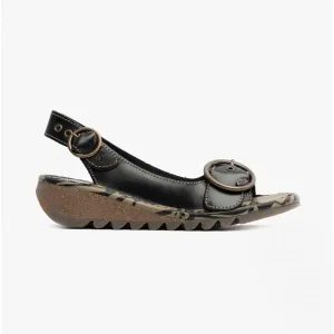 Fly London TRAM Womens Leather Buckle Slingback Wedge Heeled Sandals Black