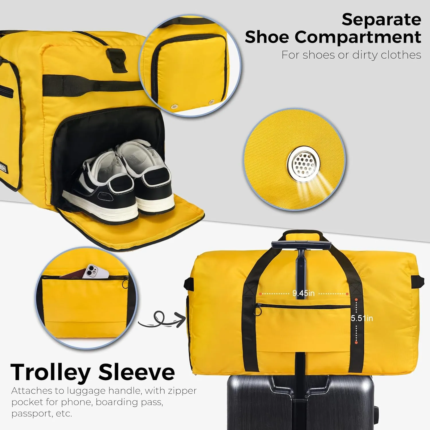 Fmeida 65L Duffle Bag with Shoes Compartment, Foldable Travel Duffel Bags for Men Women, Large Packable Travel Bag Water Repellent & Tear Resistant (Yellow)