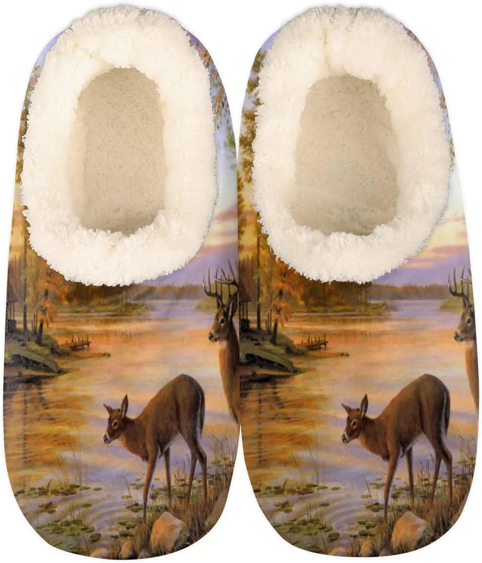 Forest Sunset Cabin Women Closed Back House Slippers, Streams Rivers Elk Womens Mens Winter Indoor Slippers, Soft Cozy Warm Fuzzy Memory Foam Anti-Slip Slippers