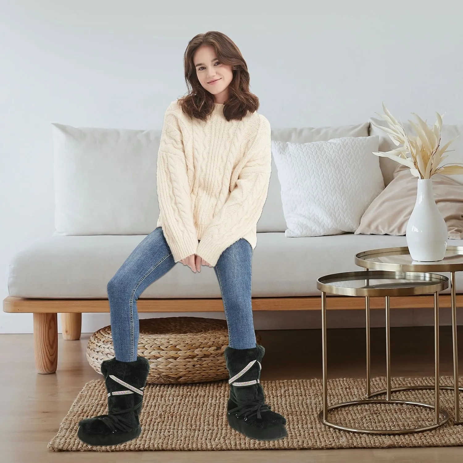 Forfoot Slippers Womens Indoor Slipper Boots for Ladies Girls with Knitted Upper and Bow
