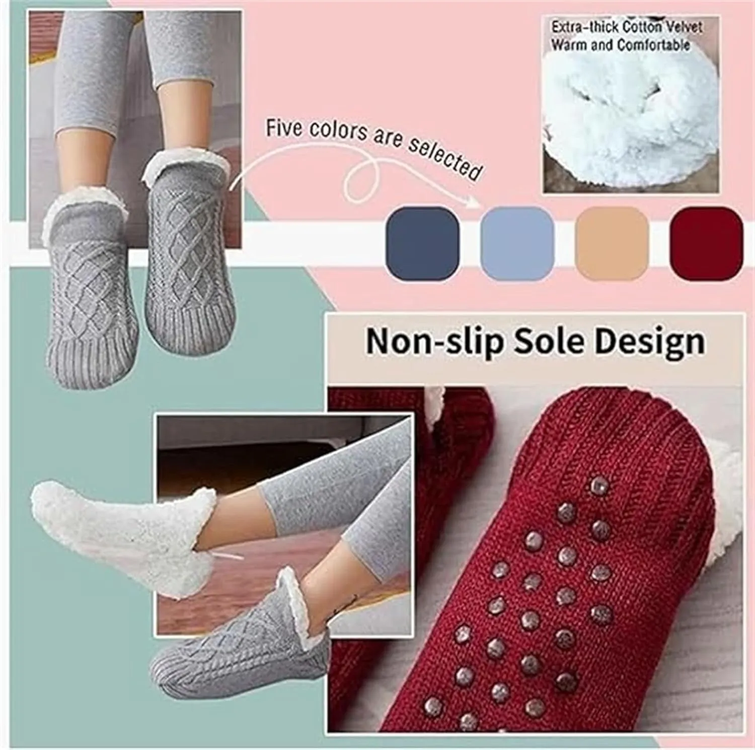 Gebarun Thermal Socks, Indoor Non-Slip Thermal Socks, Fleecesox Fleece-Lined Non-Slip Thermal Slippers Socks