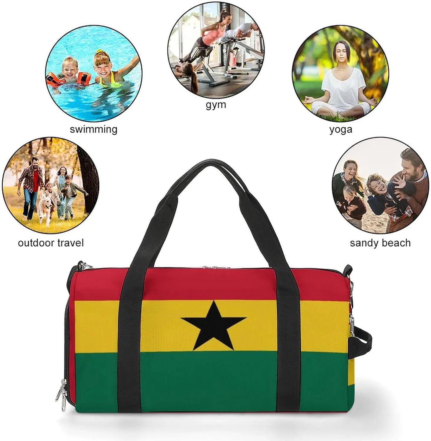 Ghana Flag Gym Bag for Boys Girls with Shoe Compartment Lightweight Weekender